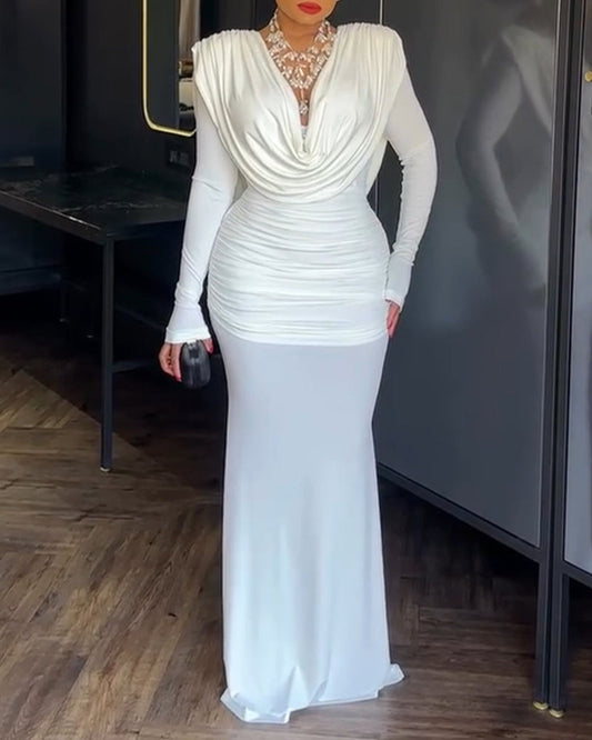 Cowl Neck Ruched Zipper Back Slim Fit Maxi Dress Casual Padded Shoulders Backless Evening Dress