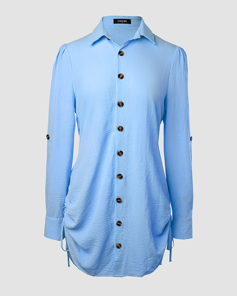Button Down Shirt Dress Roll Tab Sleeve Side Drawstring Mini Dresses