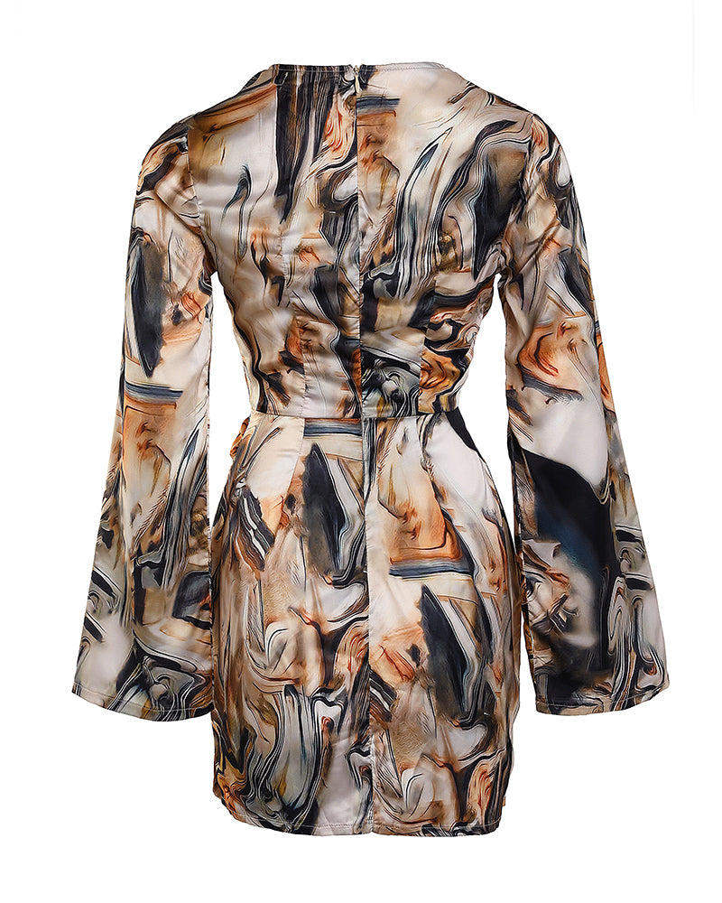 Marble Print Overlap V-Neck Wrap Front Ruched Vacation Dress Casual Cinched Waist Zipper Back Mini Dress