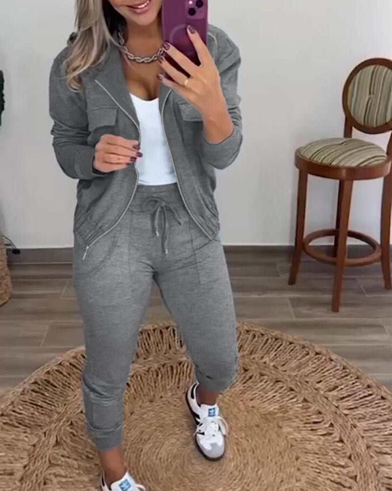2 Pieces Outfit Long Sleeve Zip Up Flap Pockets Design Stretchy Hem Hoodie Coat and Drawstring Elastic Waist Slim Fit Pants Set
