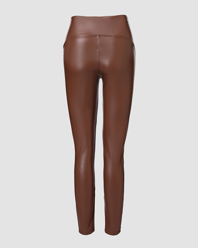 ChicMe CurveEase PU Leather Leggings High Waist Curved Fleece Lined Tights Casual Pants