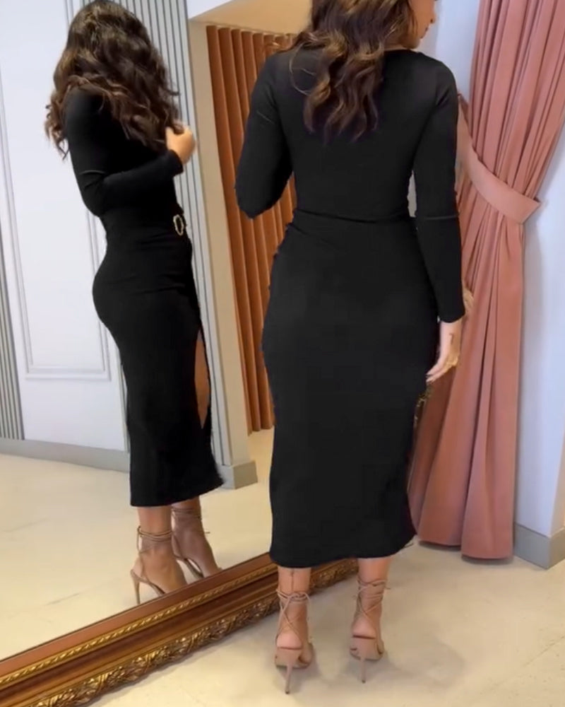 Metal Ring Decor Wrapped Slit Ribbed Commuting Dress Cinched Waist Slim Fit Mid-Length Dress