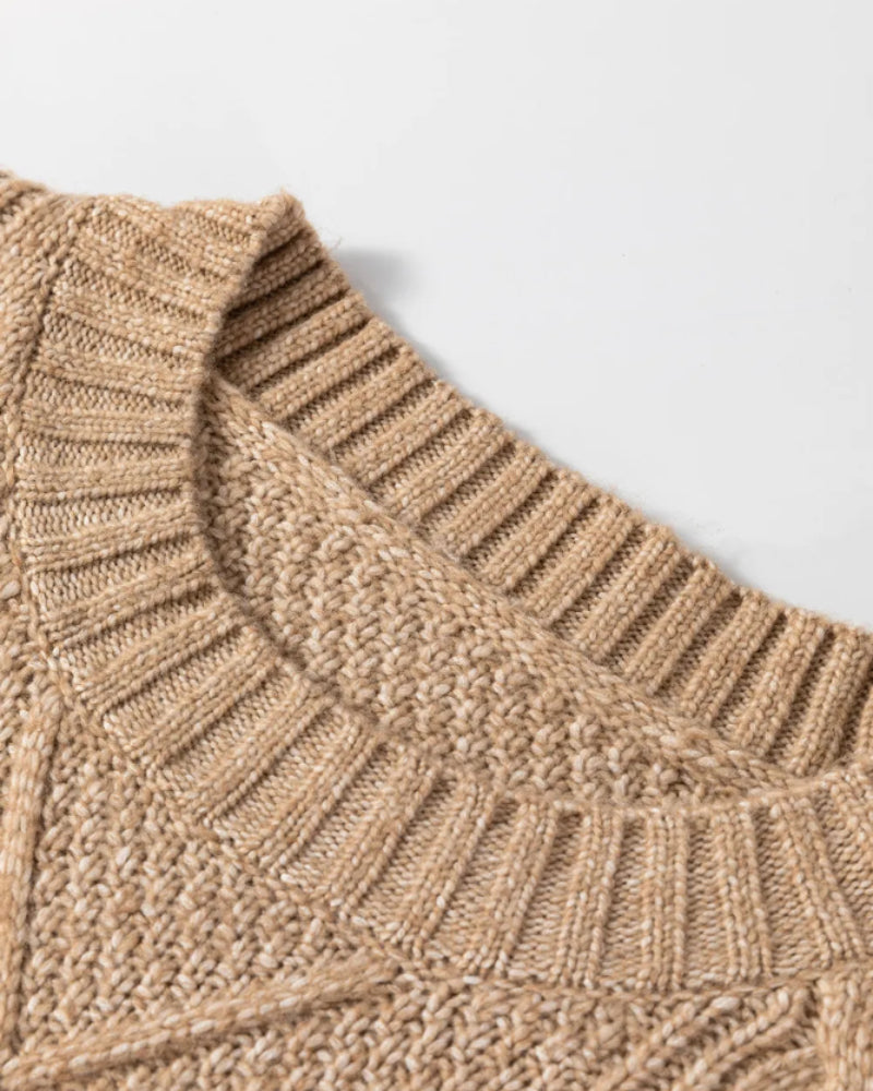 Round Neck Long Sleeve Drop Shoulder Pullover Sweater Casual Loose Fit Cable Knit Mid-length Sweater