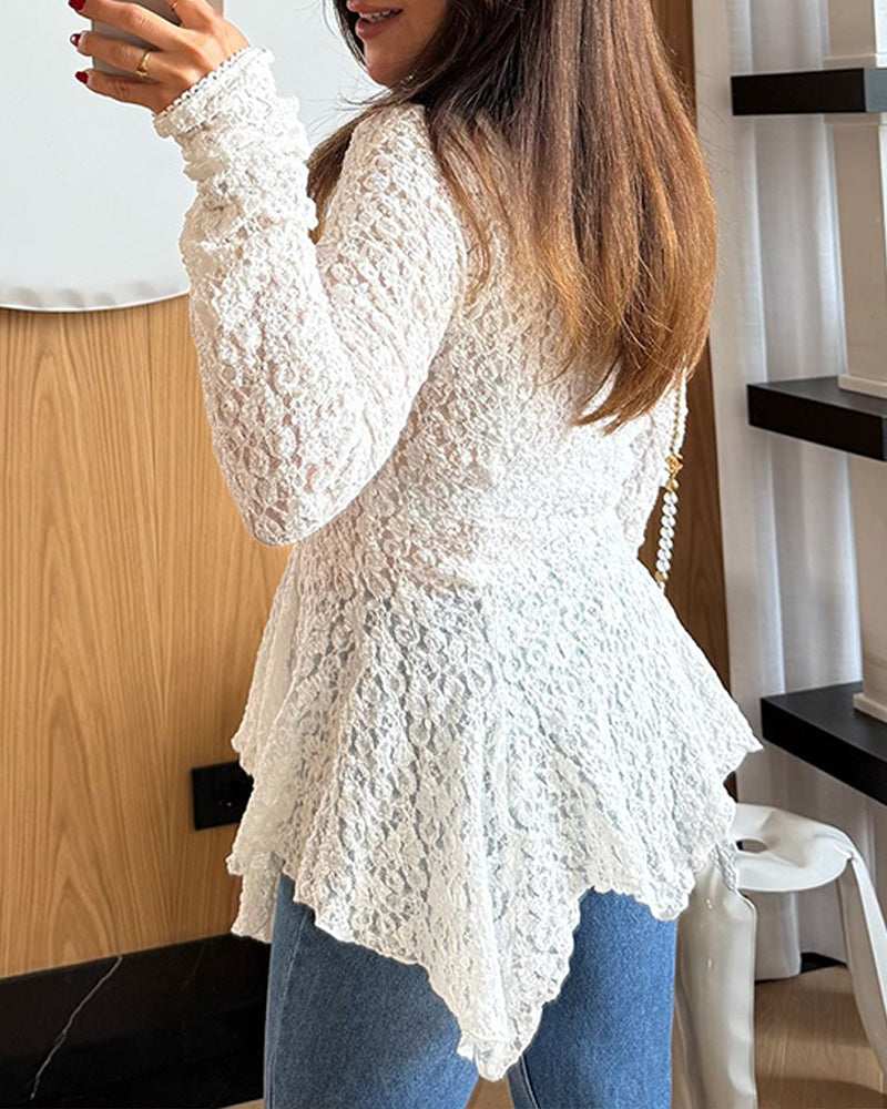 Lace Trim V Neck Button Front Blouse Elegant Asymmetrical Ruffle Hem Top