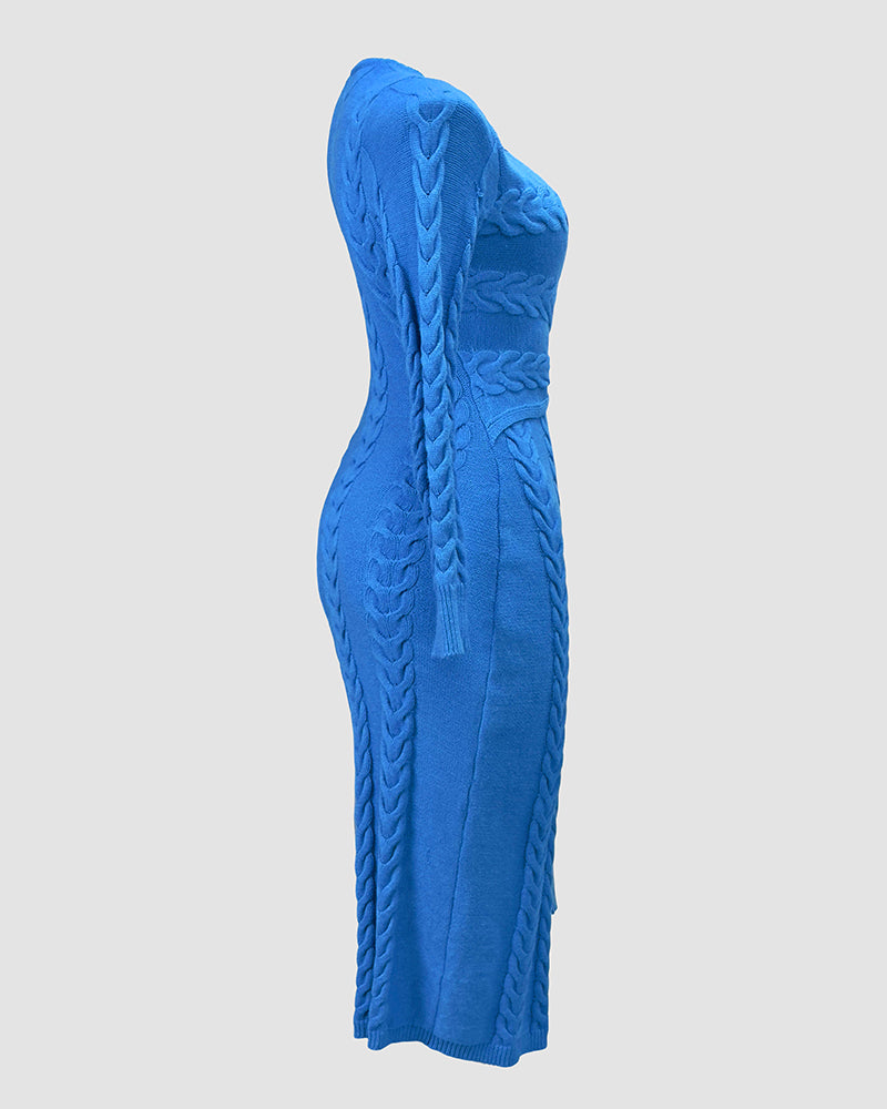 Cable Textured Overlap Deep V-Neck Long Sleeve Mid-Length Dress Tie Waist Slim Fit Knit Dress