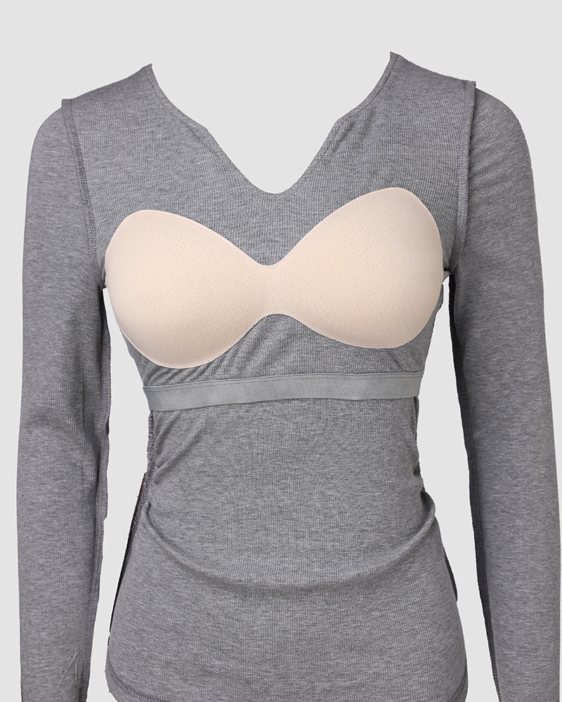 ChicMe Built-in Bra Notch Neck Long Sleeve Shirts Rib-Knit Ruched Waist Top