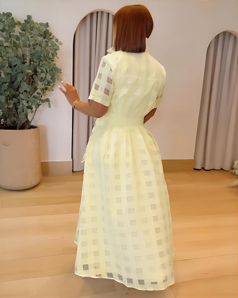 Turn-down Collar Plaid Mesh Double-Layered Cinched Waist Maxi Dress Button Down Bow Tie Waist Commuting Dress