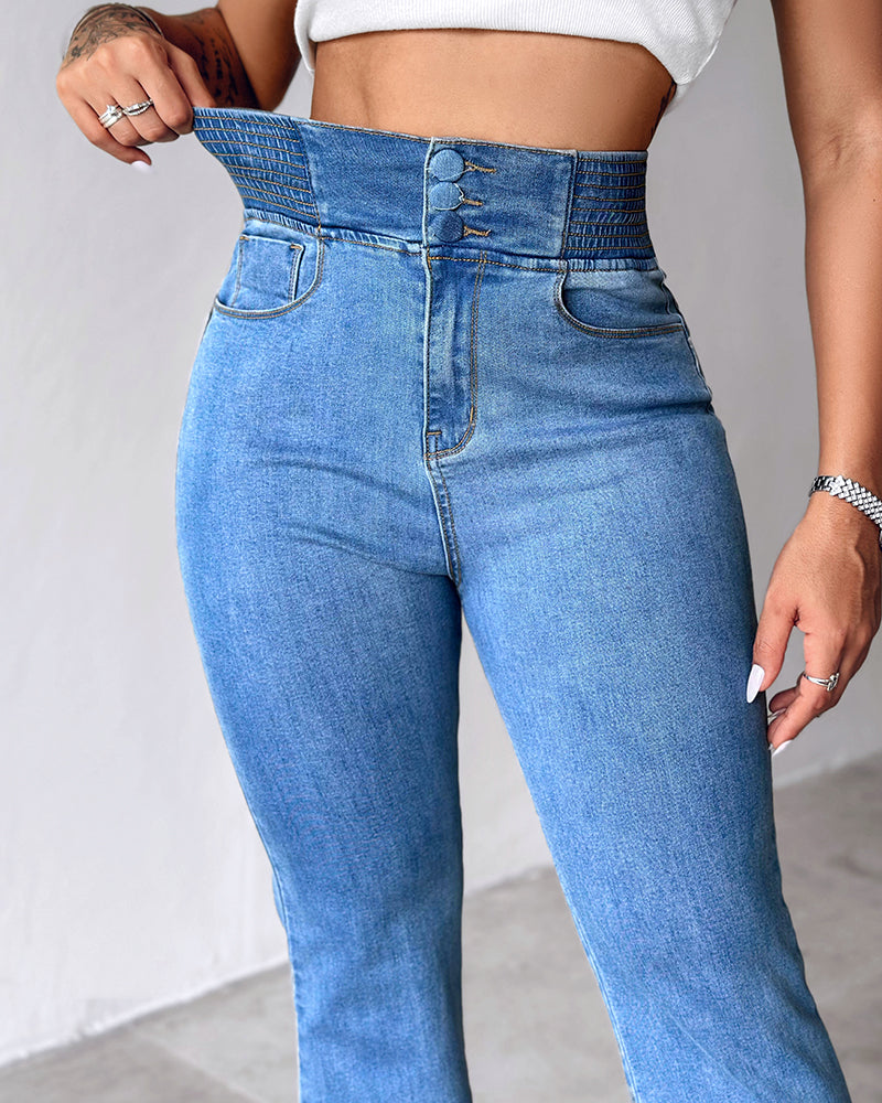 ChicMe CurveEase Back Shirred Button Front High Waist Jeans Skinny Flared Denim Jeggings