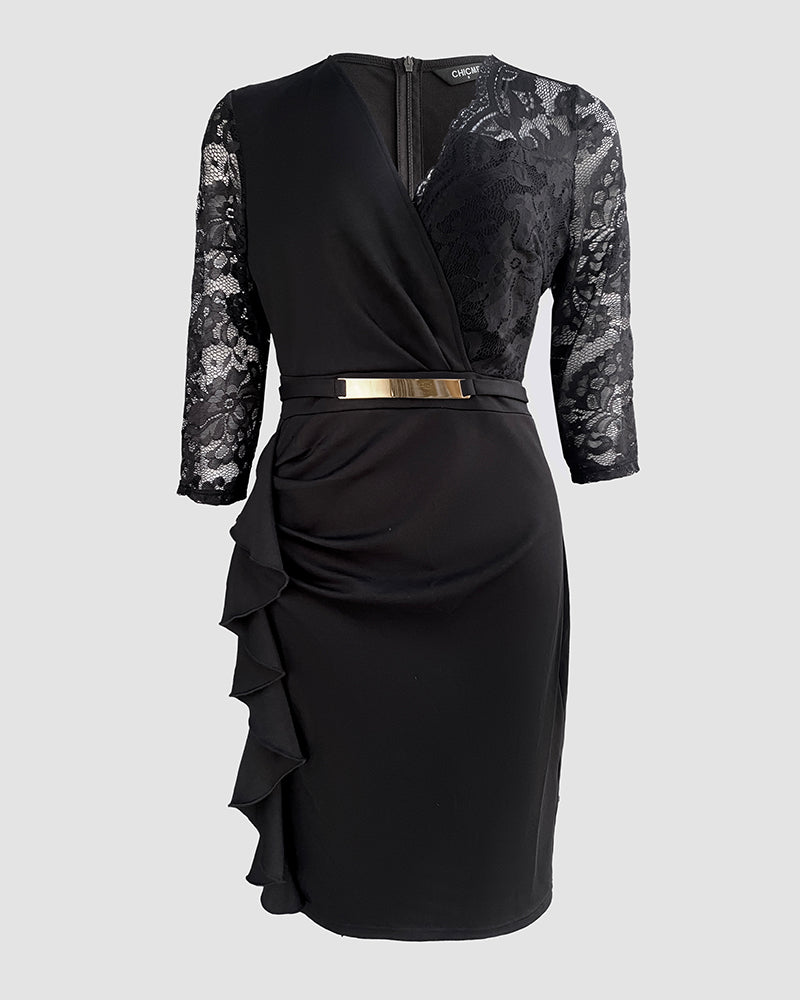 Metal Decor V-Neck Lace Spliced Three Quarters Sleeves Ruffles Design Evening Dress Zipper Back Slit Slim Fit Party Dress with Belt