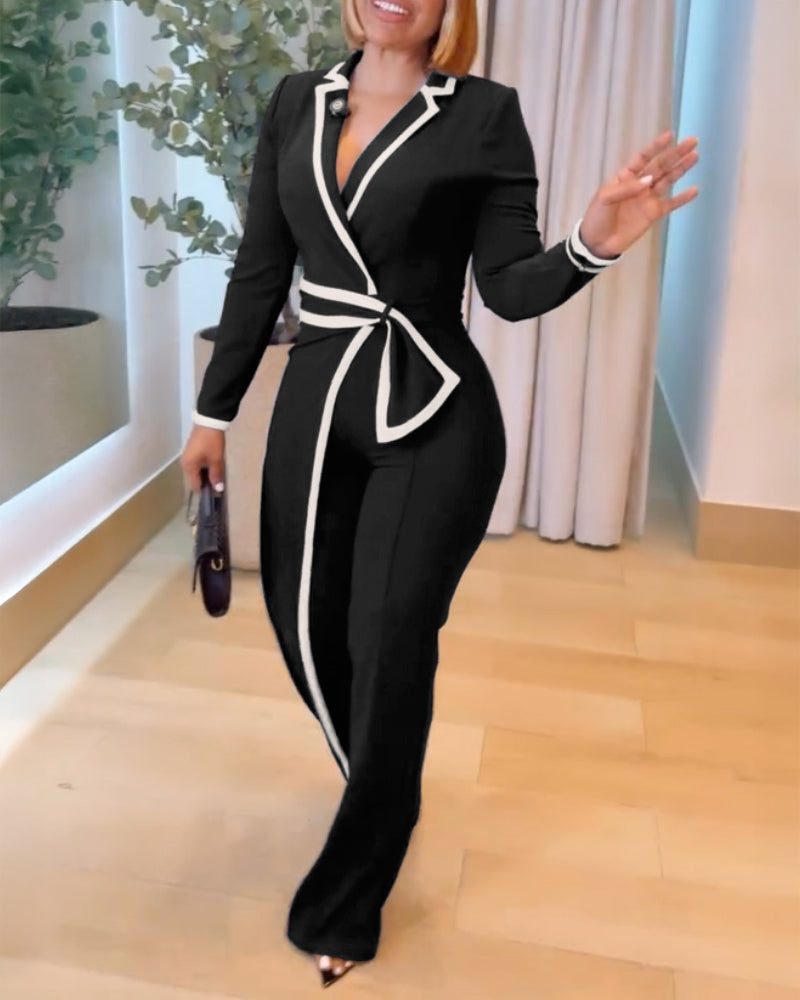 Contrast Paneled Notched Collar Padded shoulders Work Jumpsuit Casual Zipper Back Wrap Front Jumpsuit