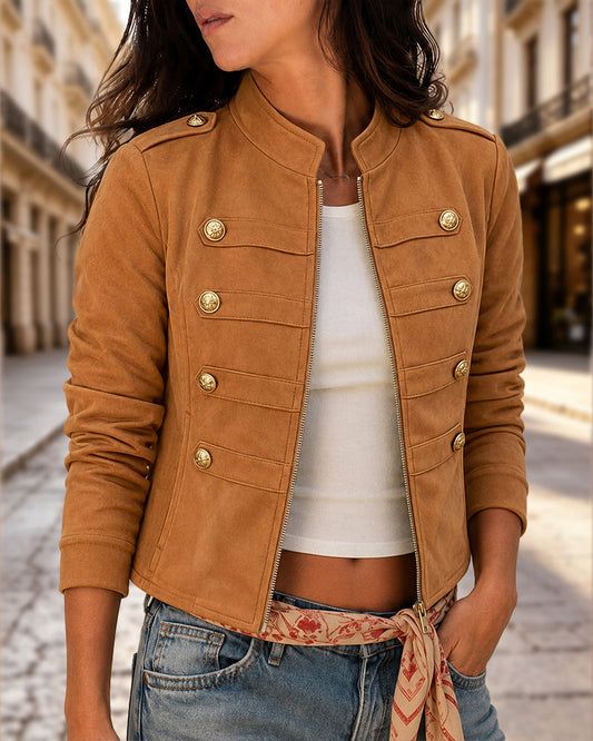 Women's Suede Crop Bomber Jacket Casual Stand Collar Double Breasted Gold Button Coat