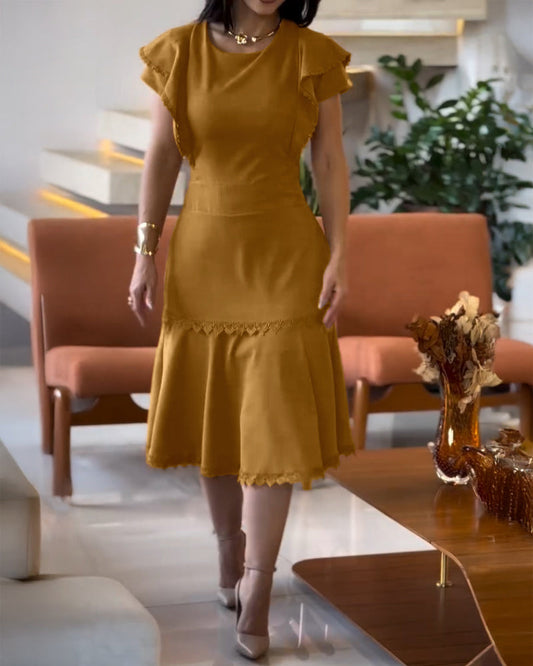 Butterfly Sleeve Hollow-out Back Shirred Dress Casual Cinched Waist Lace Trim Ruffle Hem Commuting Dress