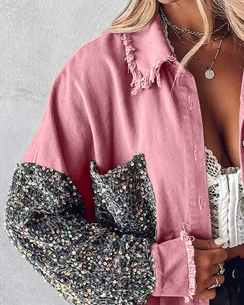 Casual Jacket Sequin Patchwork Long Sleeve Jacket Top Button Front Raw Hem Oversized Denim Shacket