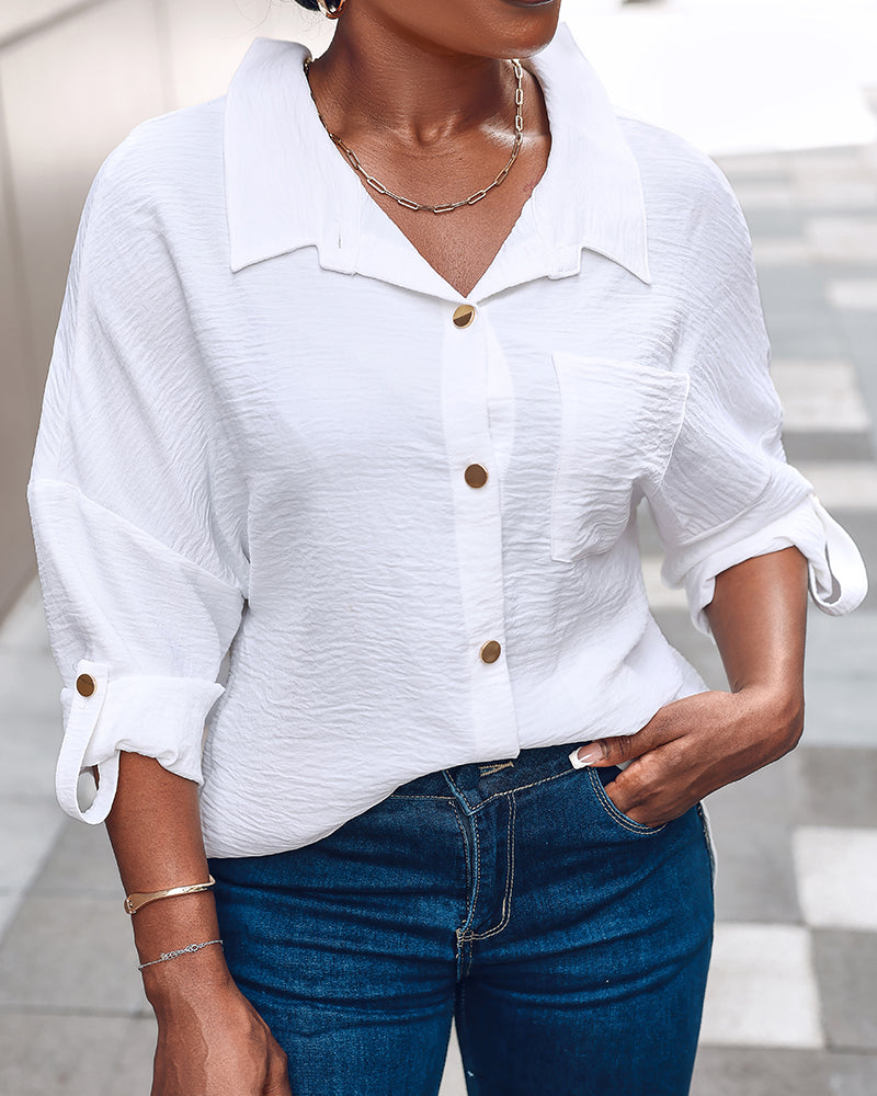 Metal Chain Decor Turn-down Collar Turn-Up Sleeves Front Button Shirt Casual Backless Asymmetrical Hem Top