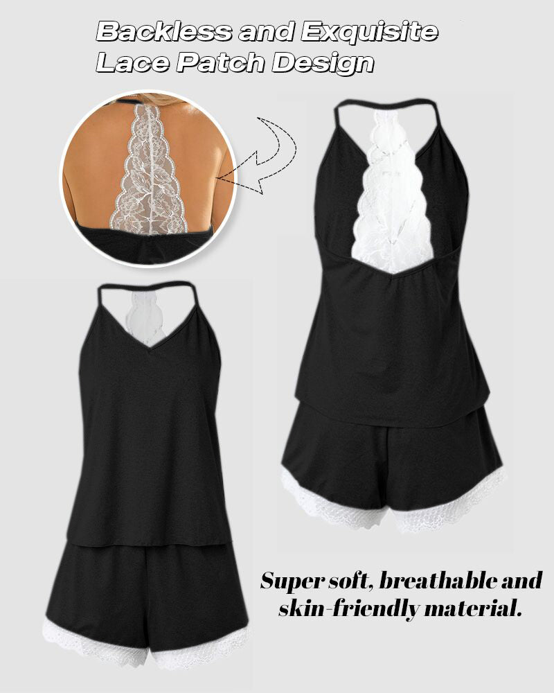 Crochet Lace Trim Backless Cami Top and Shorts Set Pajams Set Sleepwear
