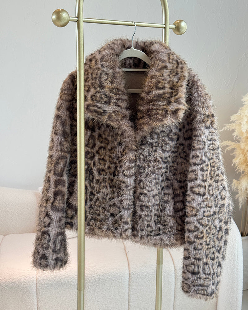 Turn-down Collar Long Sleeve Faux Fur Coat Jacket Casual Warm Fluffy Cropped Coat