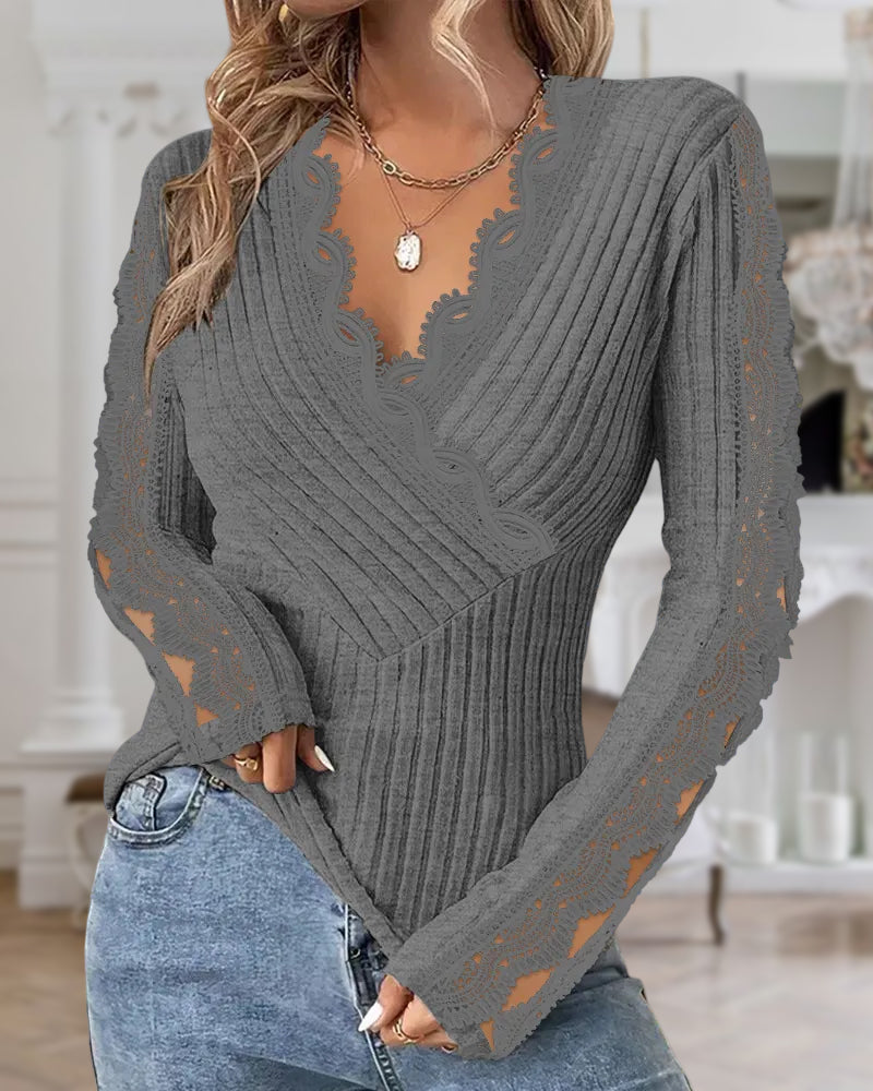 Overlap V-Neck Lace Trim Hollow-out Long Sleeve Tee Slim Fit Ribbed Layering Top