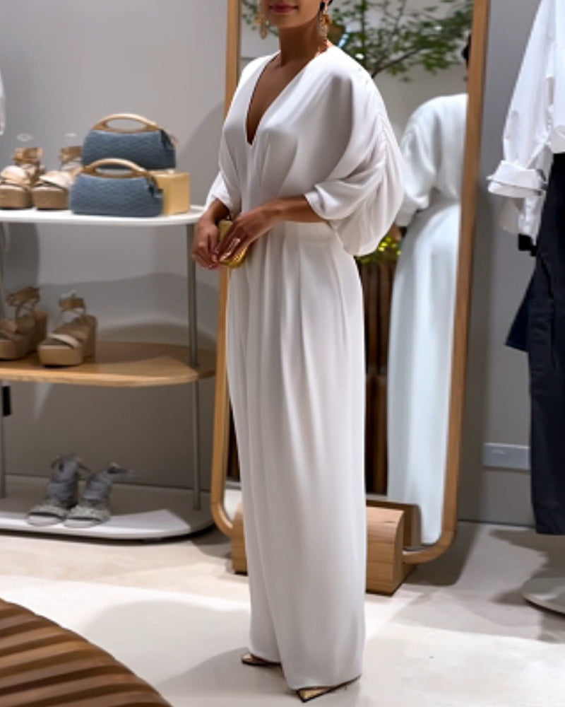 Deep V-Neck Ruched Three Quarters Sleeve Backless Overalls Casual Waist-Gathered Tied Detail Jumpsuit without Belt