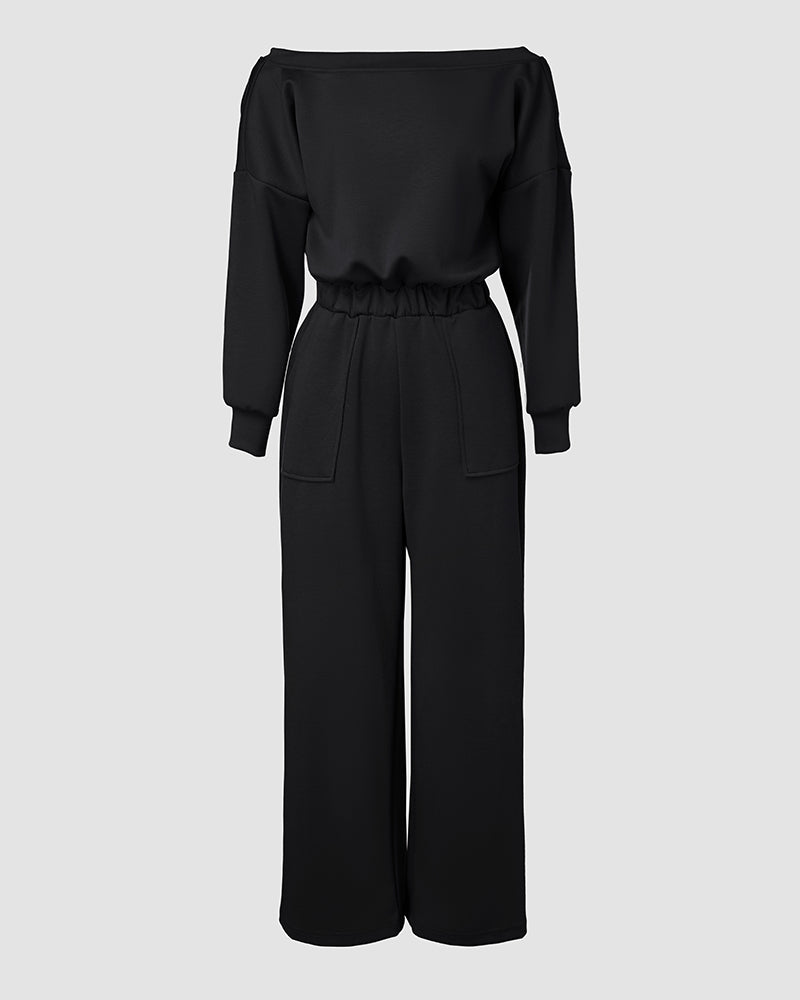 Off Shoulder V-Back Elastic Waist Pockets Design Jumpsuit Casual Drop Shoulder Cinched Waist Wide Leg Jumpsuit