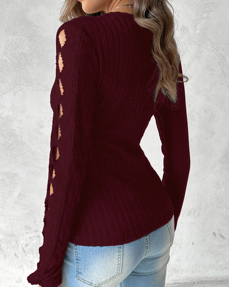 Overlap V-Neck Lace Trim Hollow-out Long Sleeve Tee Slim Fit Ribbed Layering Top