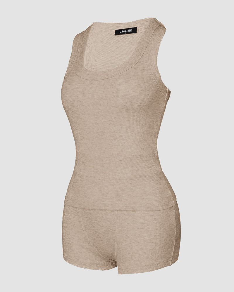 2PCS Micro-Ribbed U-Neck Tank Top & Boxer Set Cozy Loungewear