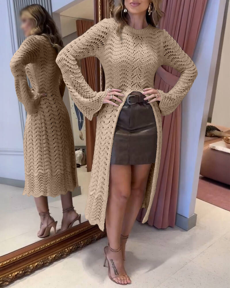 Round Neck Asymmetrical Hem Hollow Out Knitted Sweater Casual Scallop Trim Bell Sleeve Top