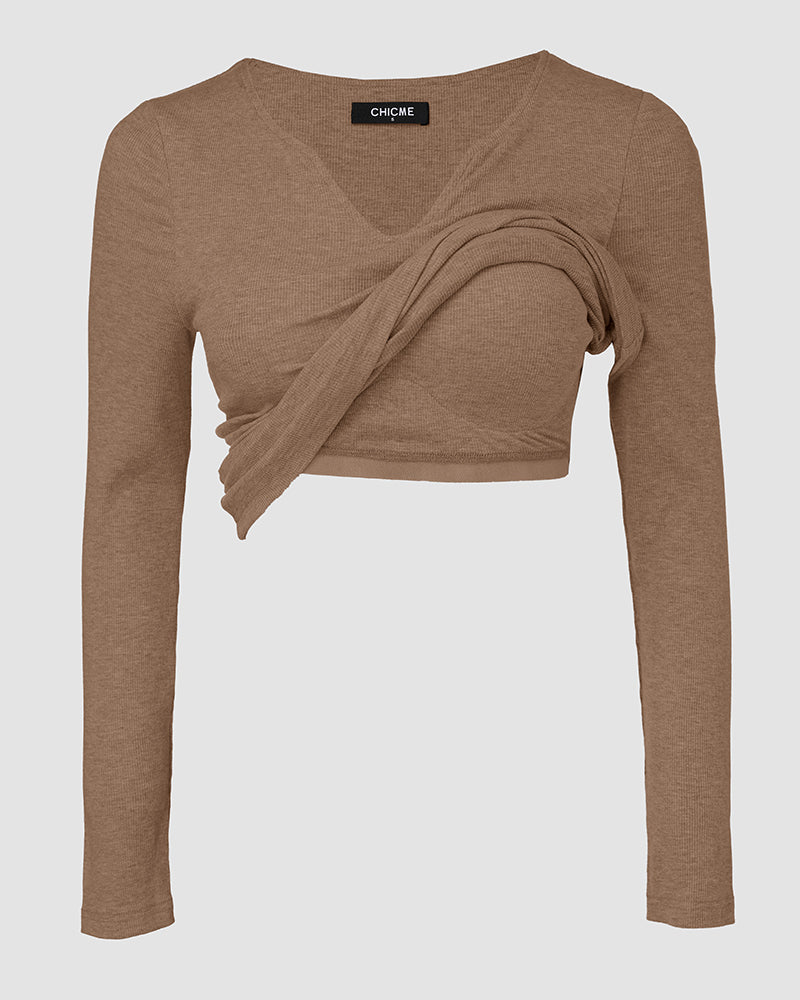 ChicMe Built-in Bra Notch Neck Long Sleeve Shirts Rib-Knit Ruched Waist Top