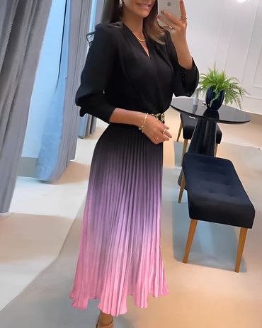 Ombre Deep V Neck Long Sleeve Pleated Mid-length Dress With Chain Decor Belt