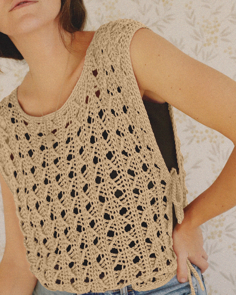 Round Neck Sleeveless Hollow-out Crochet Sweater Casual Tie Side Breathable Crop Top