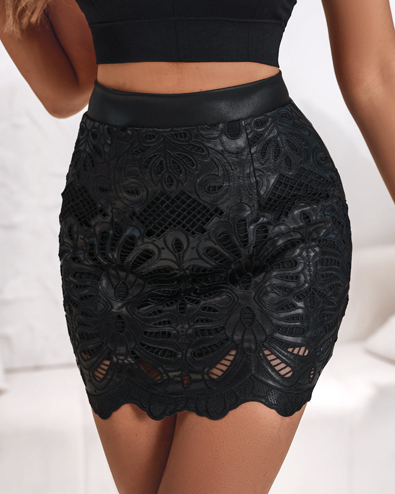 PU Leather Hollow-out Pattern Zipper Back Bodycon Skirt