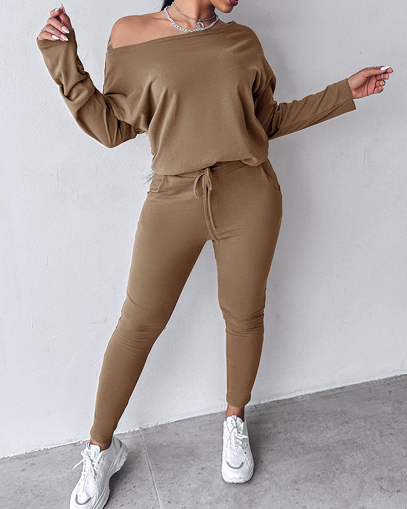 2 Pieces Outfit Long Sleeve Skew Neck Pullover Top and Drawstring Elastic Waist Slim Fit Pants Set