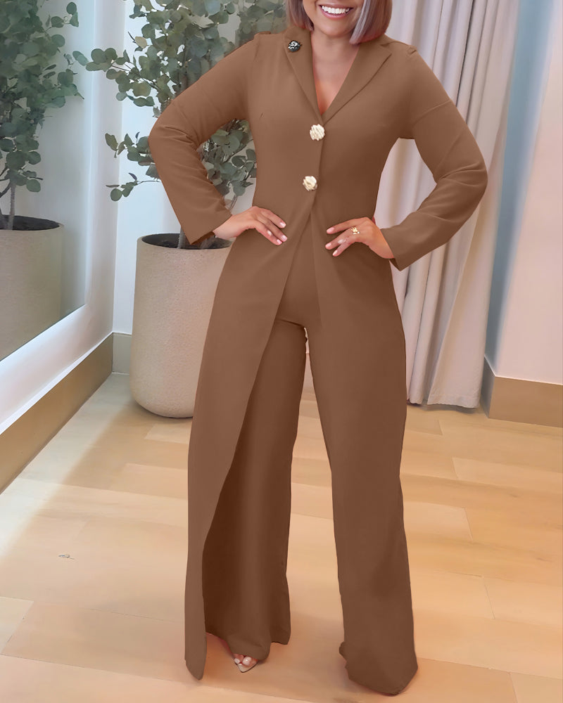 Notched Collar Long Sleeve Button Front Jumpsuit Casual Cinched Waist Wide Leg Faux Two-Piece Jumpsuit