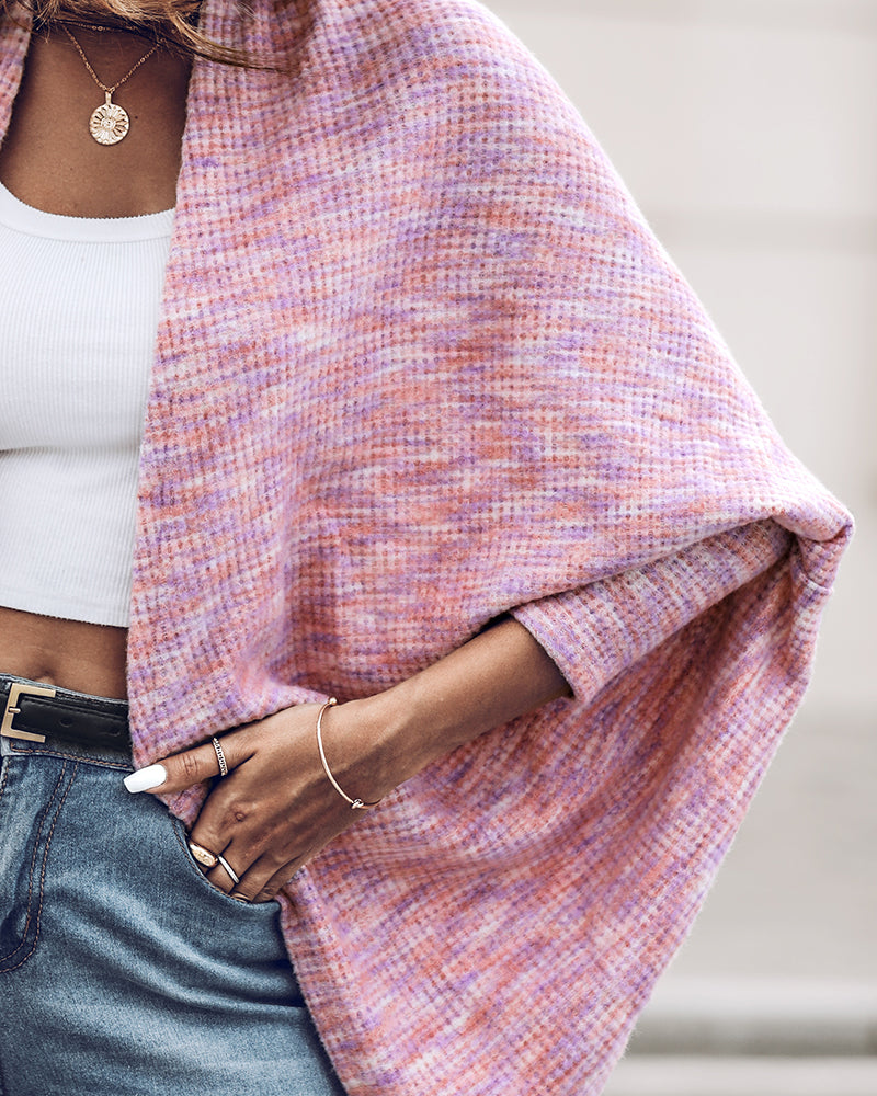 Colorful Waffle Knit Open Front Coat Batwing Long Sleeve Cardigan