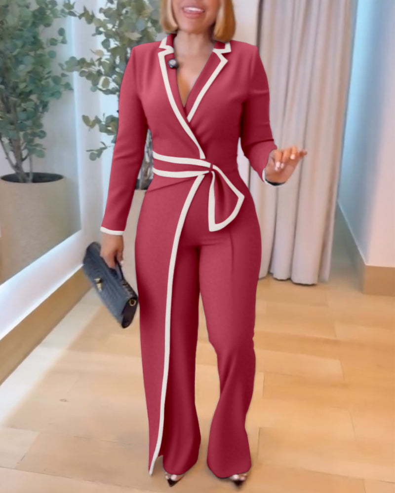 Contrast Paneled Notched Collar Padded shoulders Work Jumpsuit Casual Zipper Back Wrap Front Jumpsuit