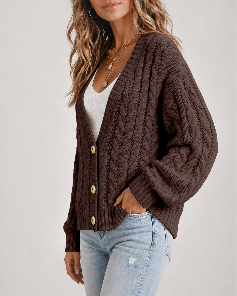 Women's Cable Knit Cardigan V Neck Button Down Chunky Knit Sweater Loose Lantern Sleeve Warm Outerwear