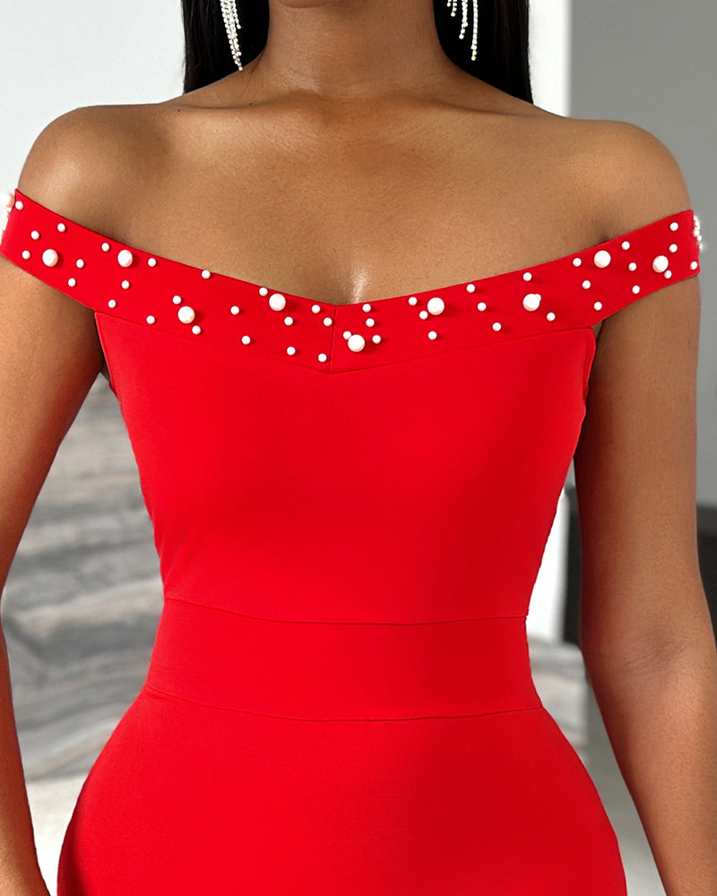 Beaded Details Off The Shoulder Ruffles Hem Slit Bodycon Party Dress
