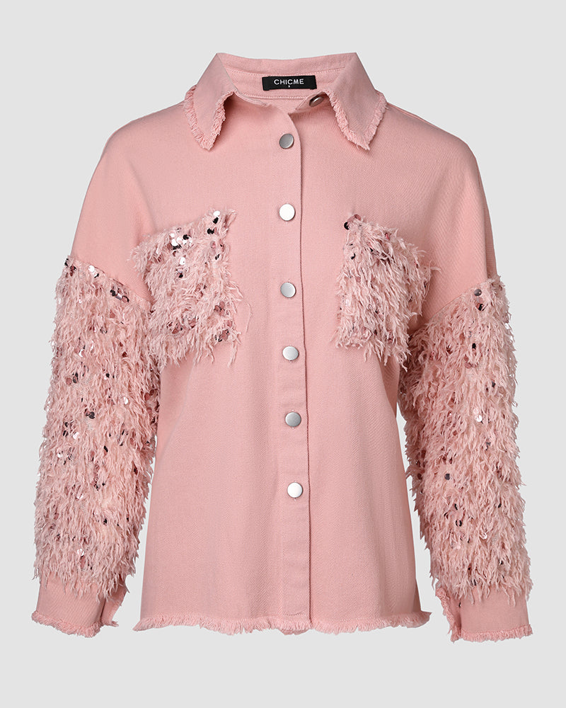 Contrast Sequin Tassel Design Fuzzy Patchwork Shacket