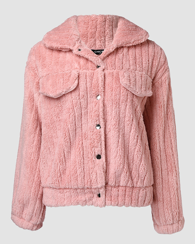 Textured Striped Turn-down Collar Button Front Elastic Cuff and Hem Teddy Fleece Jacket With Decorative Flap Pockets