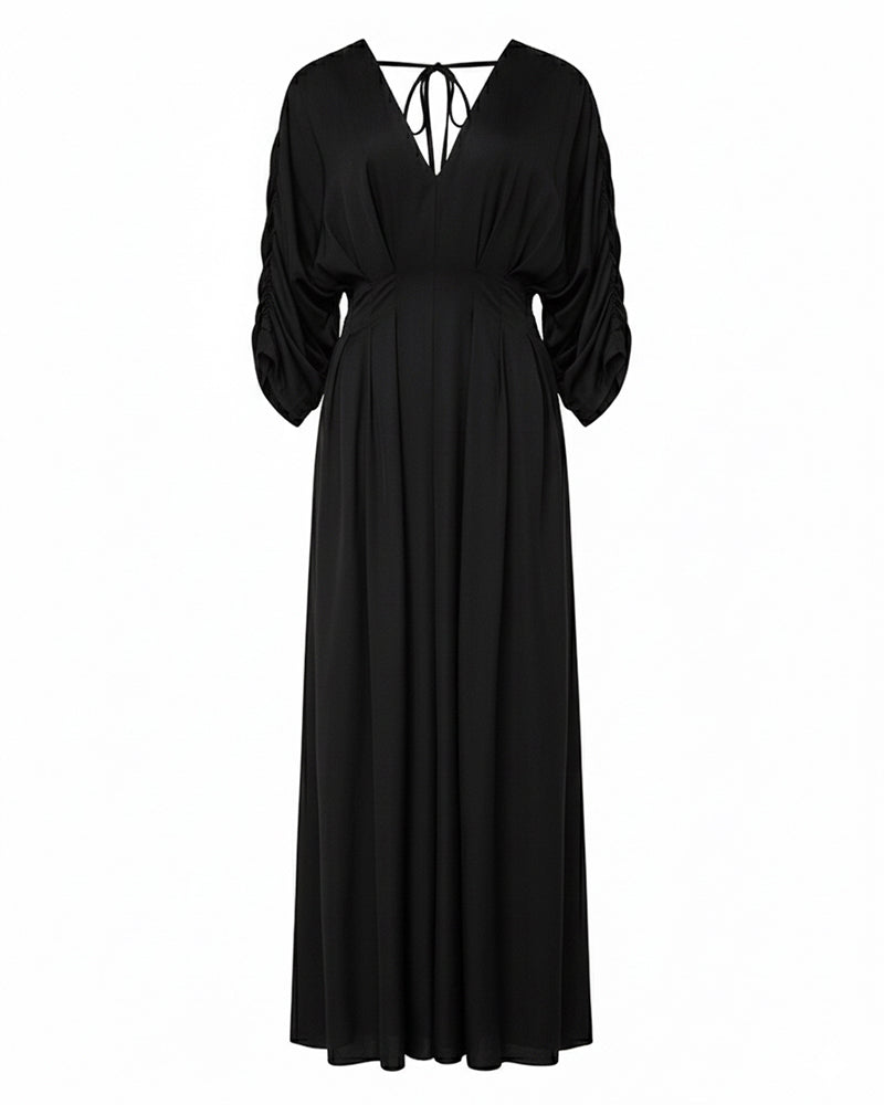 Deep V-Neck Ruched Three Quarters Sleeve Backless Overalls Casual Waist-Gathered Tied Detail Jumpsuit without Belt
