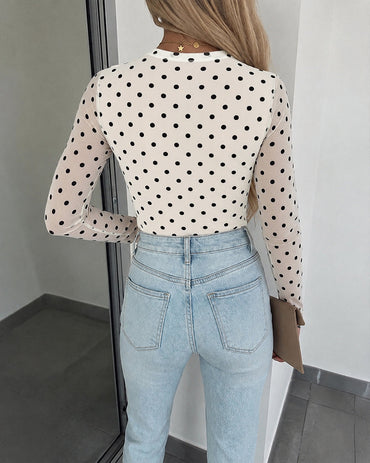 Women's Mesh Polka Dot Top Lined Sheer Long Sleeve Tee Crewneck Slim Fit Layering Under Base Top with Thumbholes