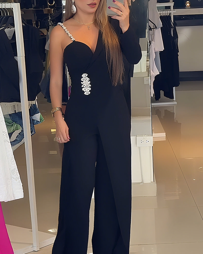 One Shoulder Rhinestone Decor Jumpsuit Casual Long Sleeve Wide Leg Romper
