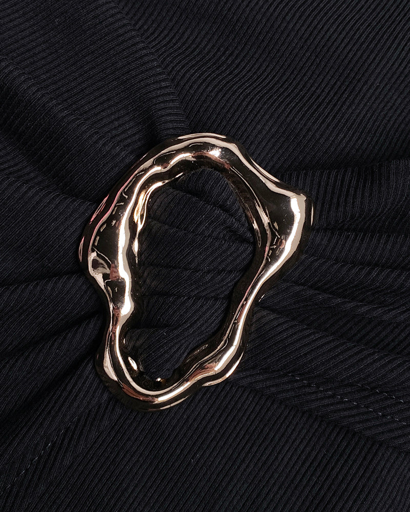 Metal Ring Decor Wrapped Slit Ribbed Commuting Dress Cinched Waist Slim Fit Mid-Length Dress