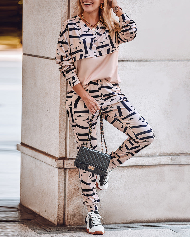 Geo Letter Print Long Sleeve Top & Pants Set
