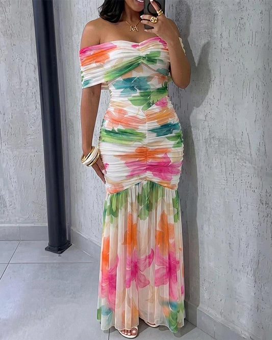 Women's Foldover Off-Shoulder Floral Mermaid Dress Mesh Ruched Maxi Gown with Detachable Clear Straps