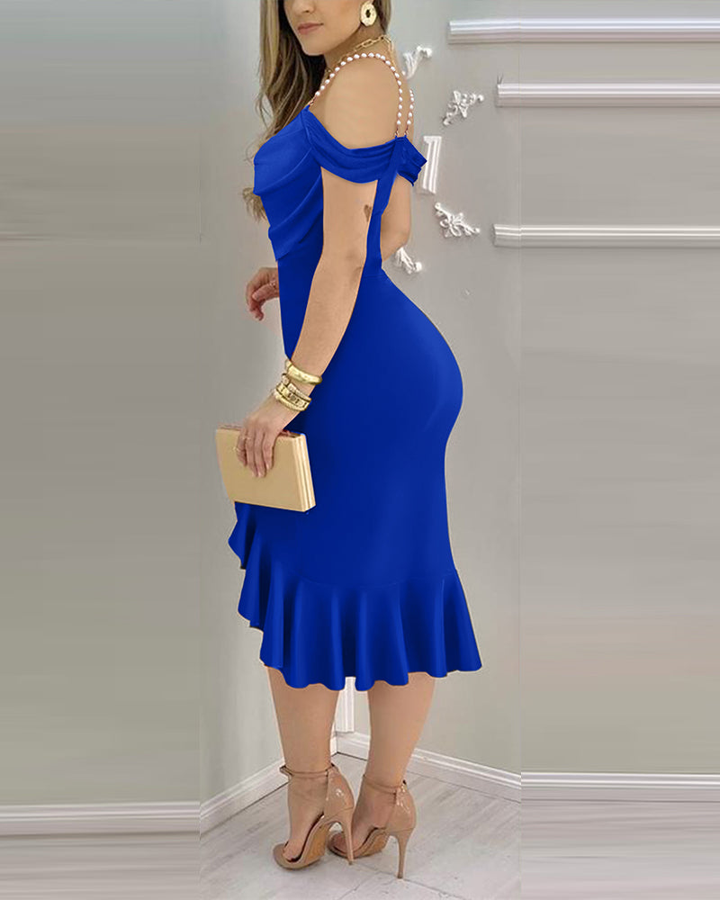 Cold Shoulder Pearls Straps Bodycon Dress Cowl Neck Asymmetrical Ruffle Hem Party Dress