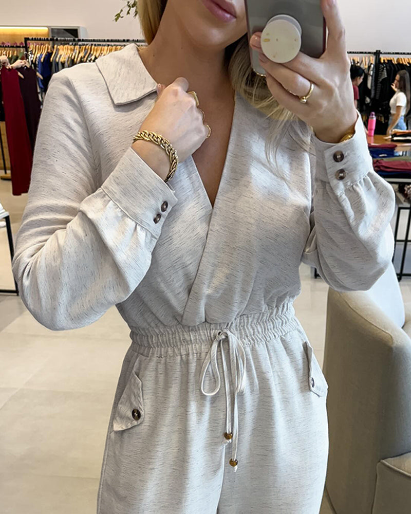 Turn-down Collar Overlap V-Neck Drawstring Stretchy Waist Jumpsuit Casual Flap Pockets Design Jumpsuit