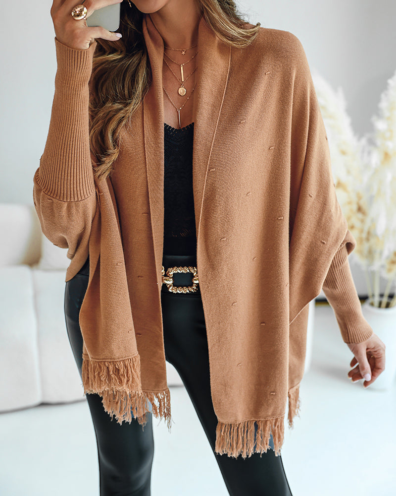 Tassel Design Long Sleeve Slit Cardigan Fashion Versatile Warm Cape Shawl