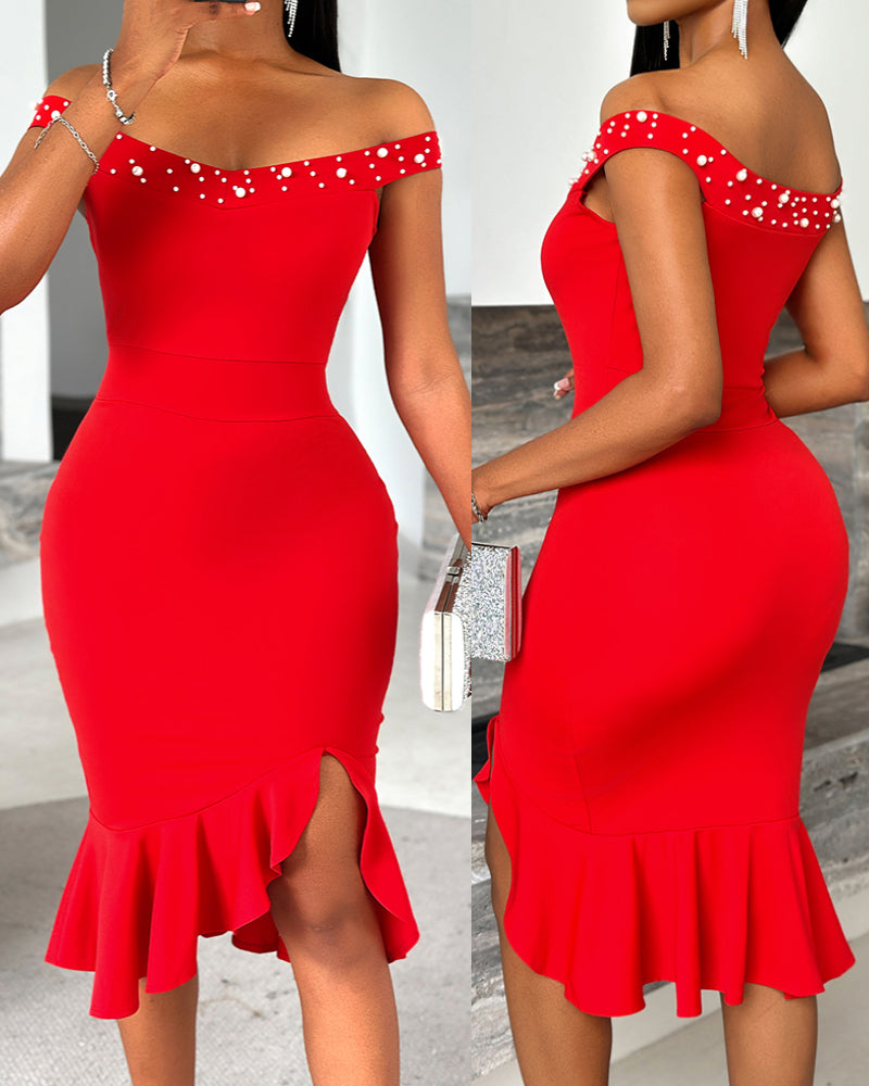 Beaded Details Off The Shoulder Ruffles Hem Slit Bodycon Party Dress