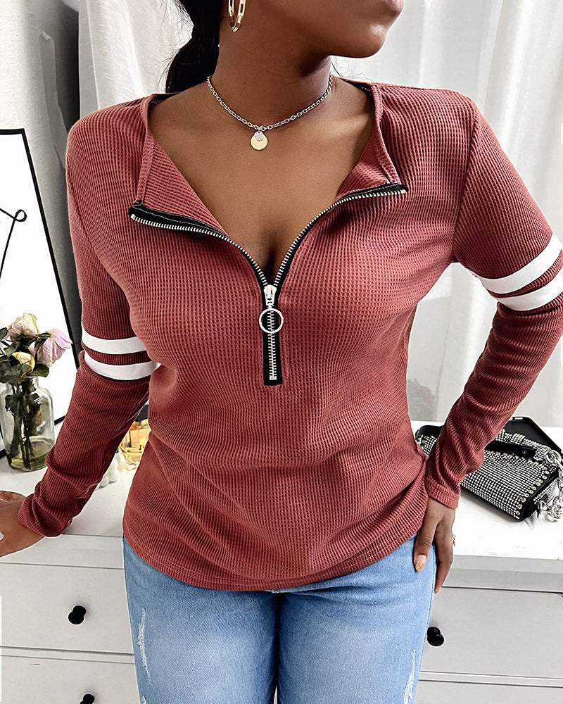 Striped Print Zipper Front Long Sleeve Top Waffle Knit Loose Fitting Tunic Tops