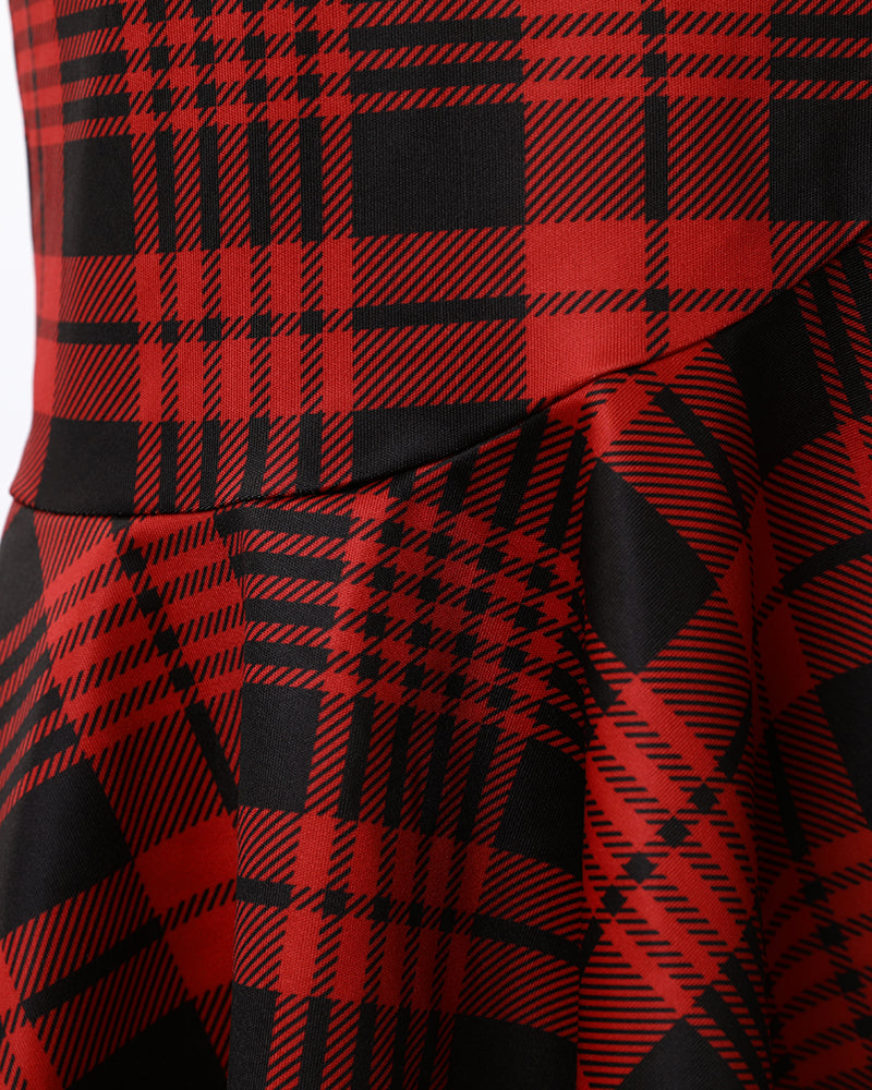 Plaid Off Shoulder Ruffle Hem Slit Dress